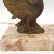 French Art Deco table lamp, bird motif, marble base, white glass globe 4477