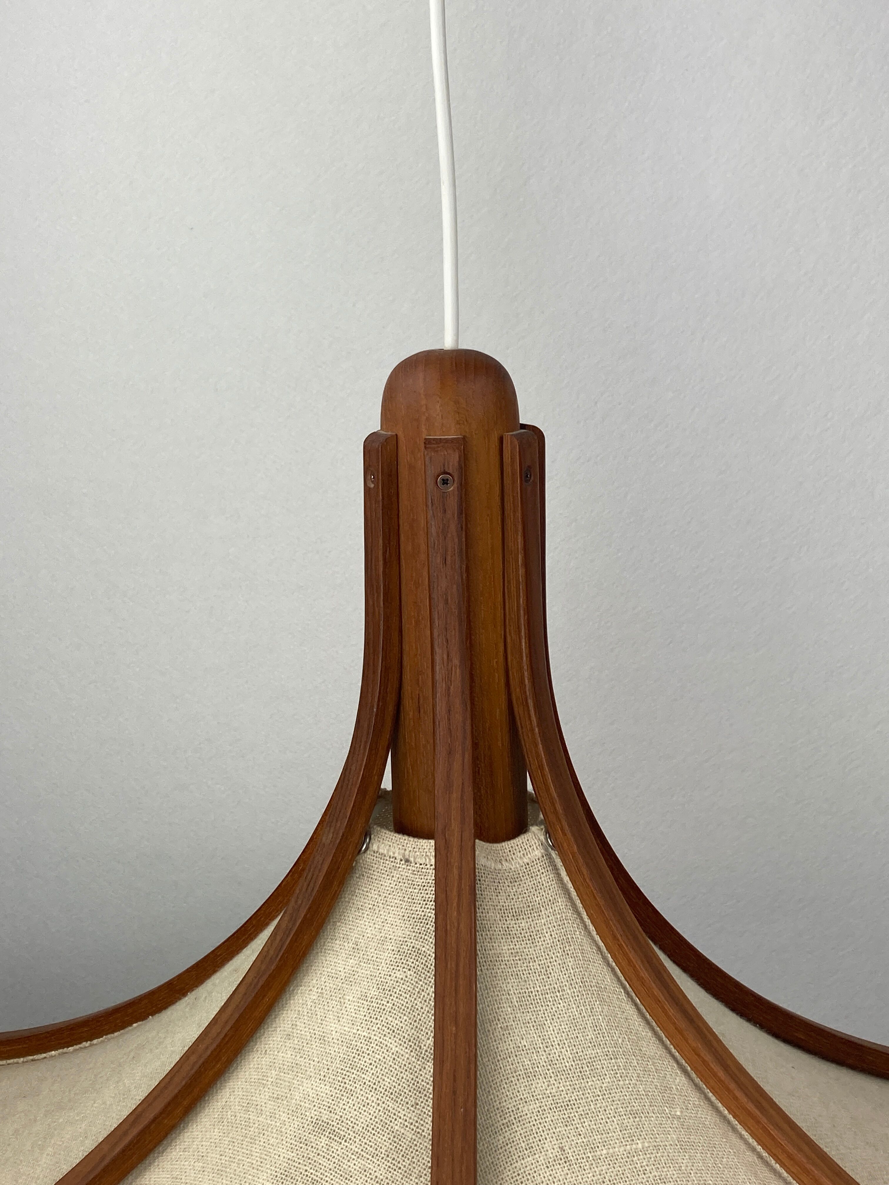 Teak and linen umbrella pendant by Domus, 1970s