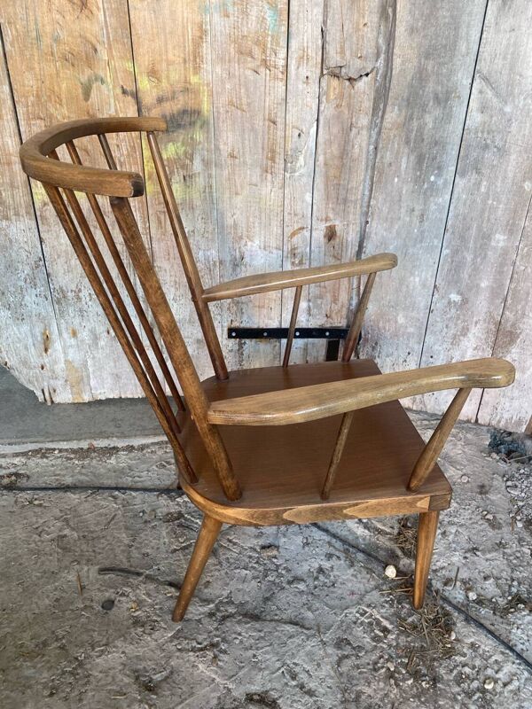 Fauteuil éventail ancien baumann bois + coussins vintage #d877