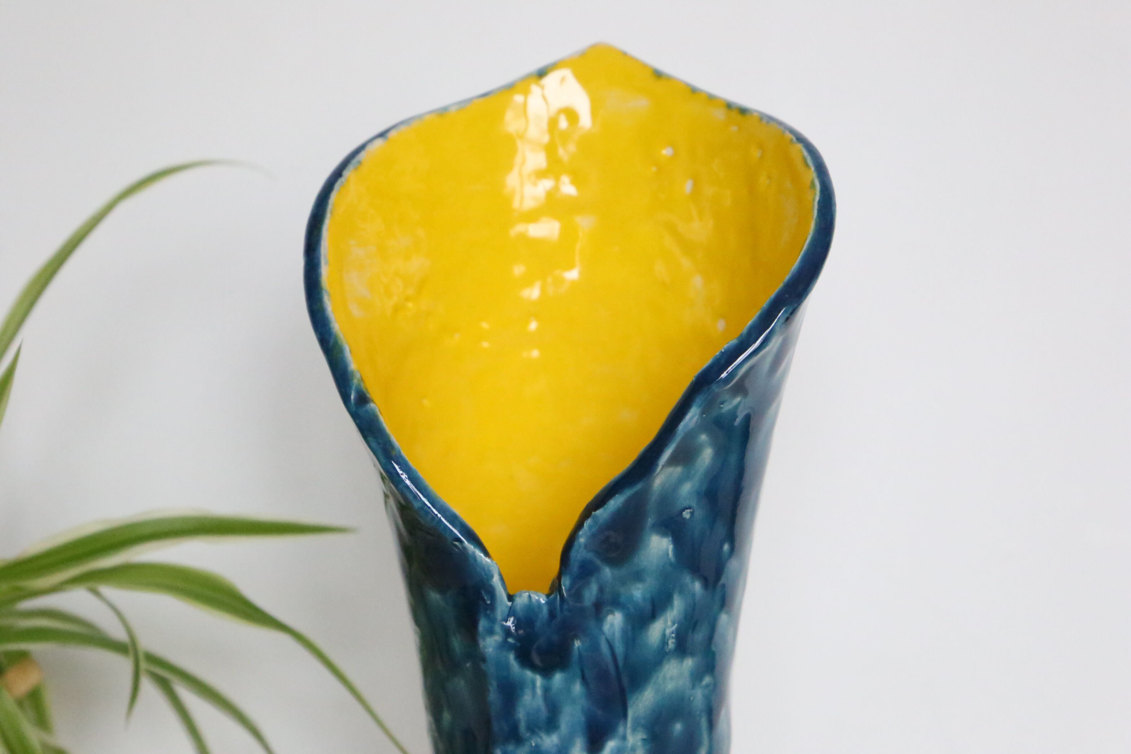 Handmade ceramic vase, glazed blue and yellow, vintage