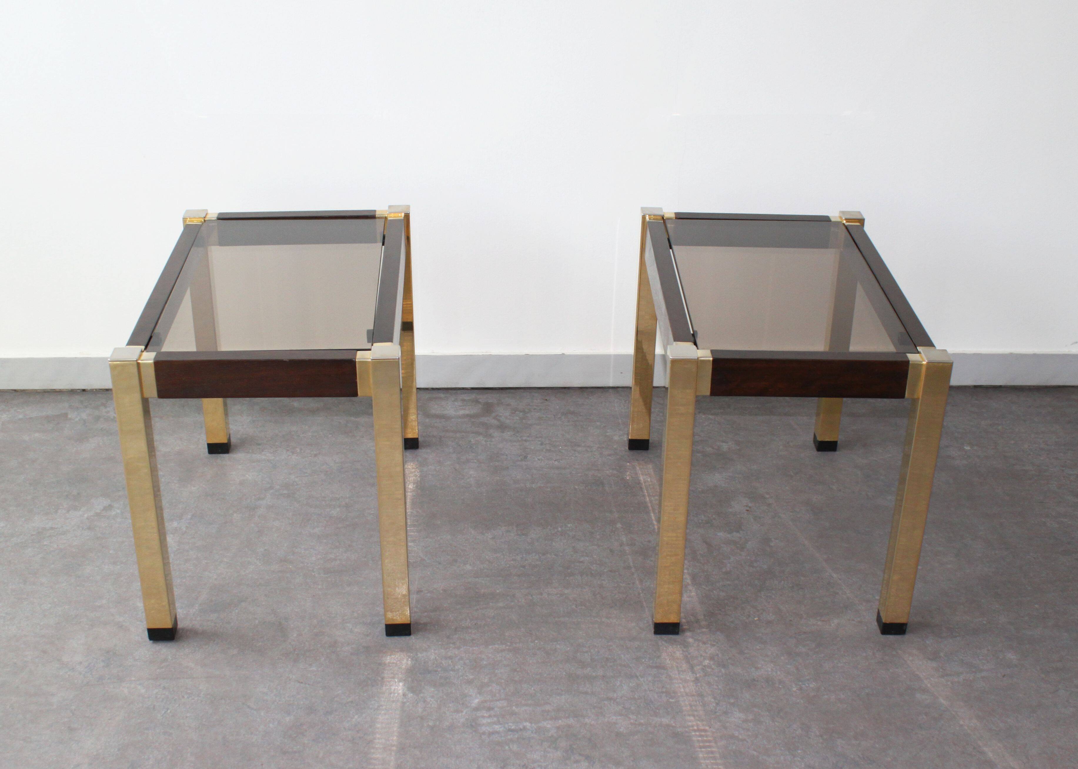 Pair of Hollywood Regency style brass side tables, 70s.