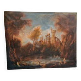 Old Oil Painting on Canvas Landscape with Ruins and Figures 121x98 cm