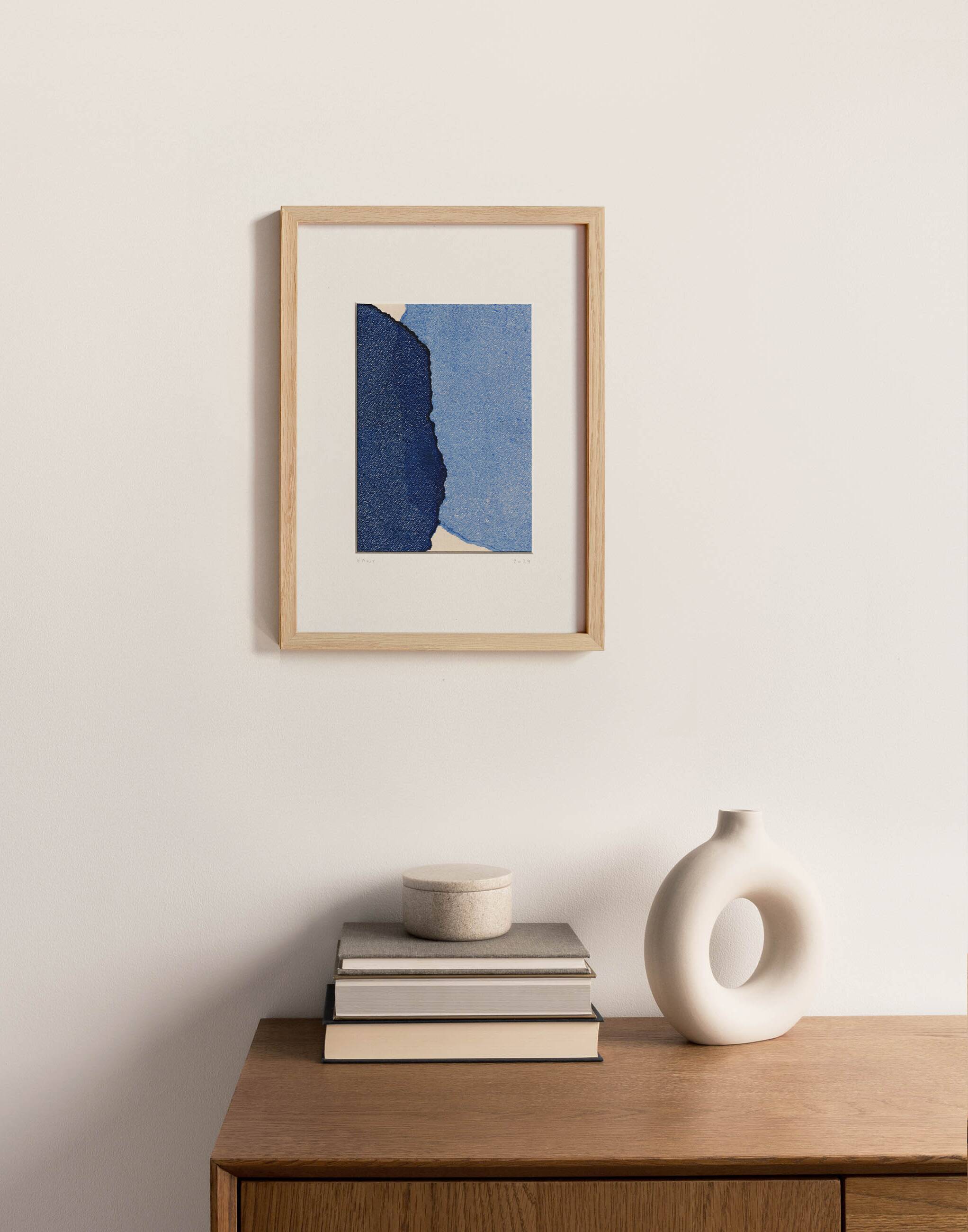 Peinture abstraite sur papier bleu signée Eawy