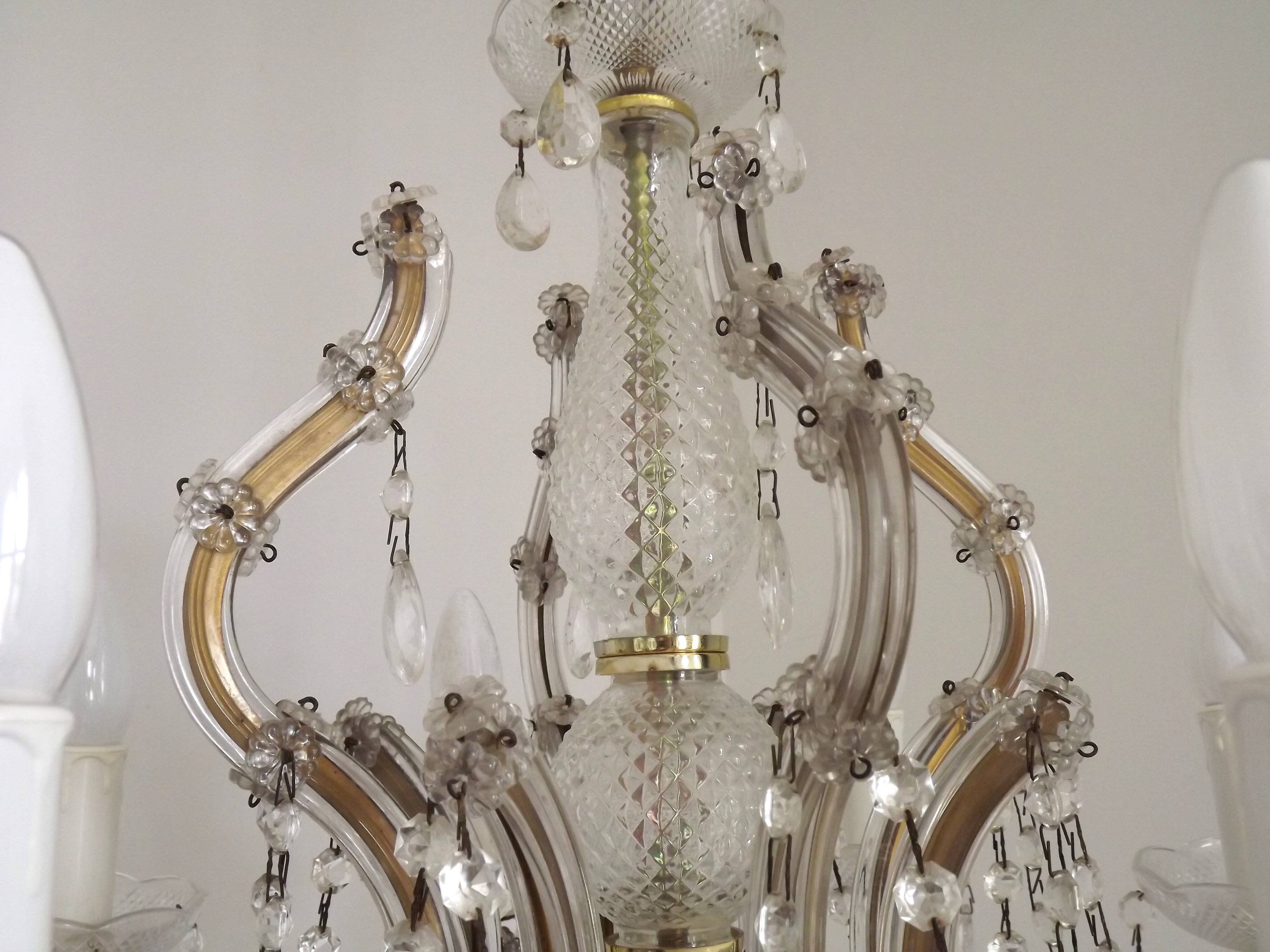 Mid-Century Brass Glass & Crystal Maria Theresa Style 8 Arm Chandelier 5446