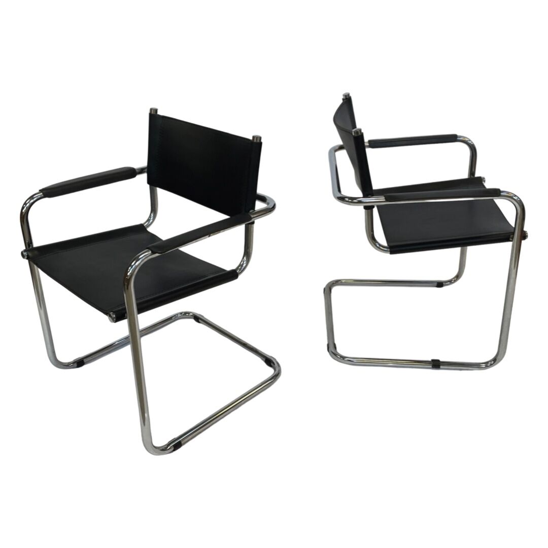 Set of 6 bauhaus cantilever chairs black leather and chrome design