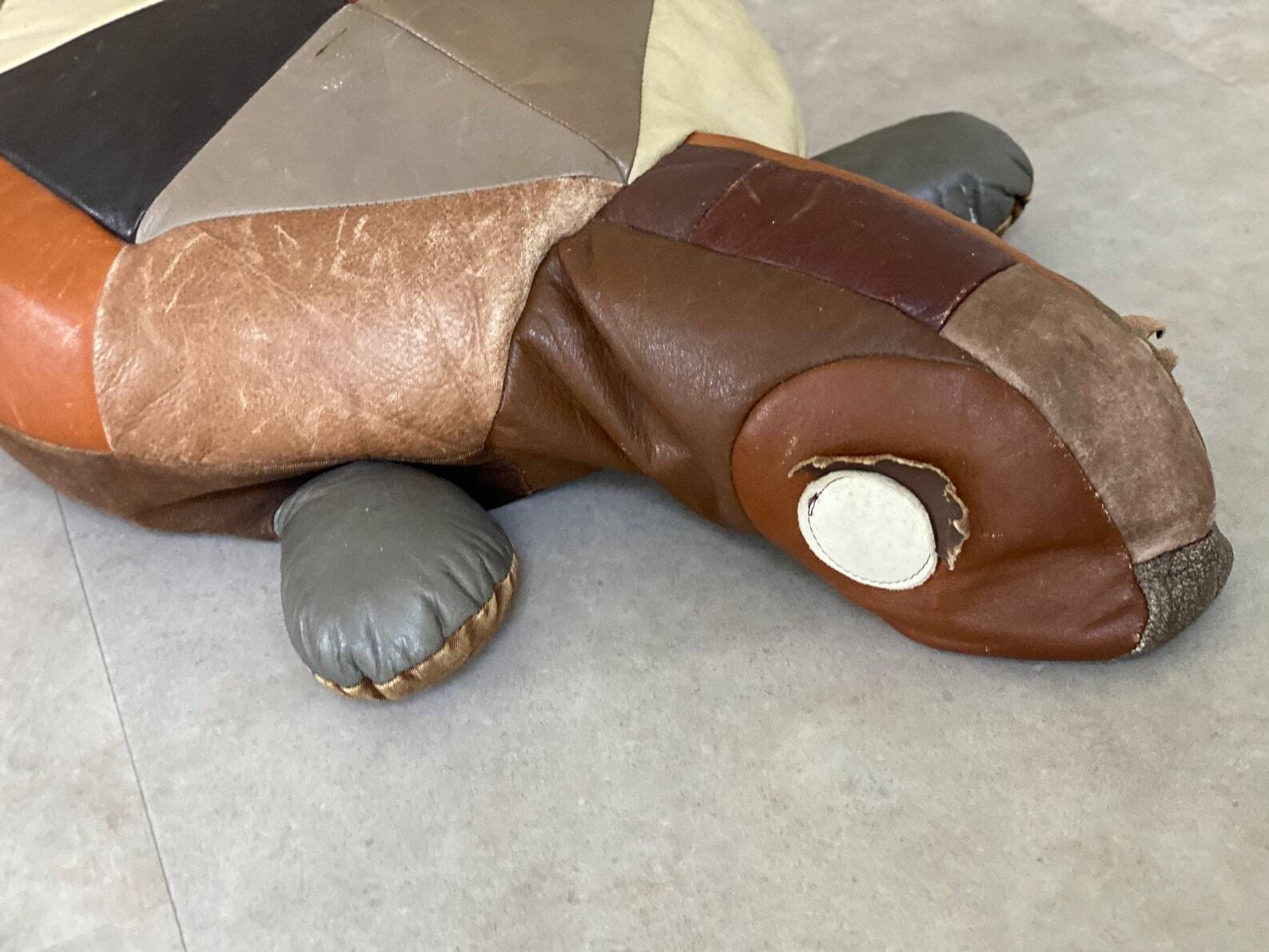 Large vintage leather patchwork turtle cushion / poof, stuffed leather animal, 1970s