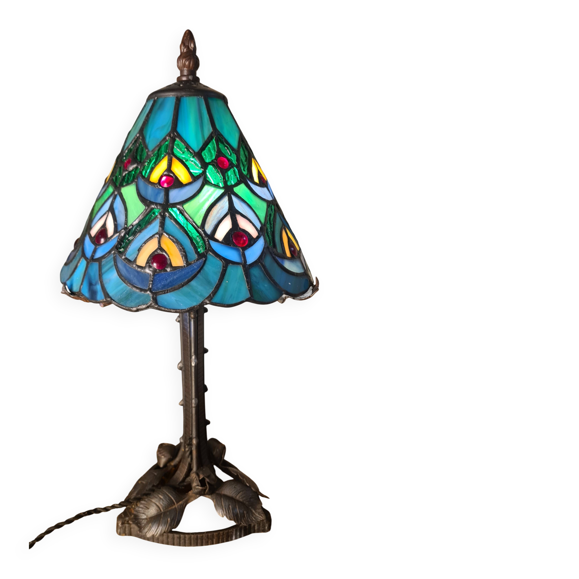 antique wrought iron floor lamp, 1900 to 1940 with stained glass lampshade