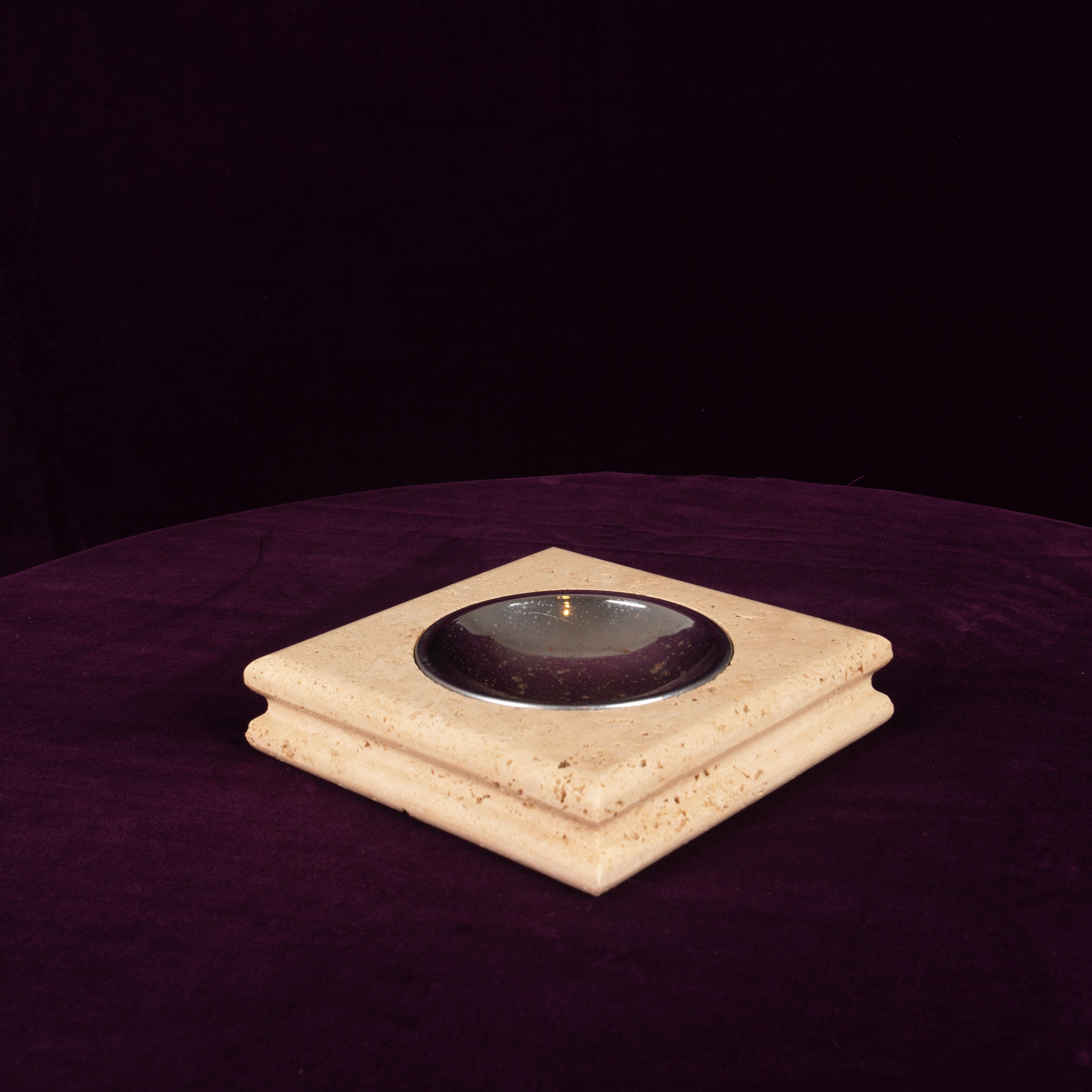 Square Italian Travertine Ashtray with Removable Metal Dish 1970