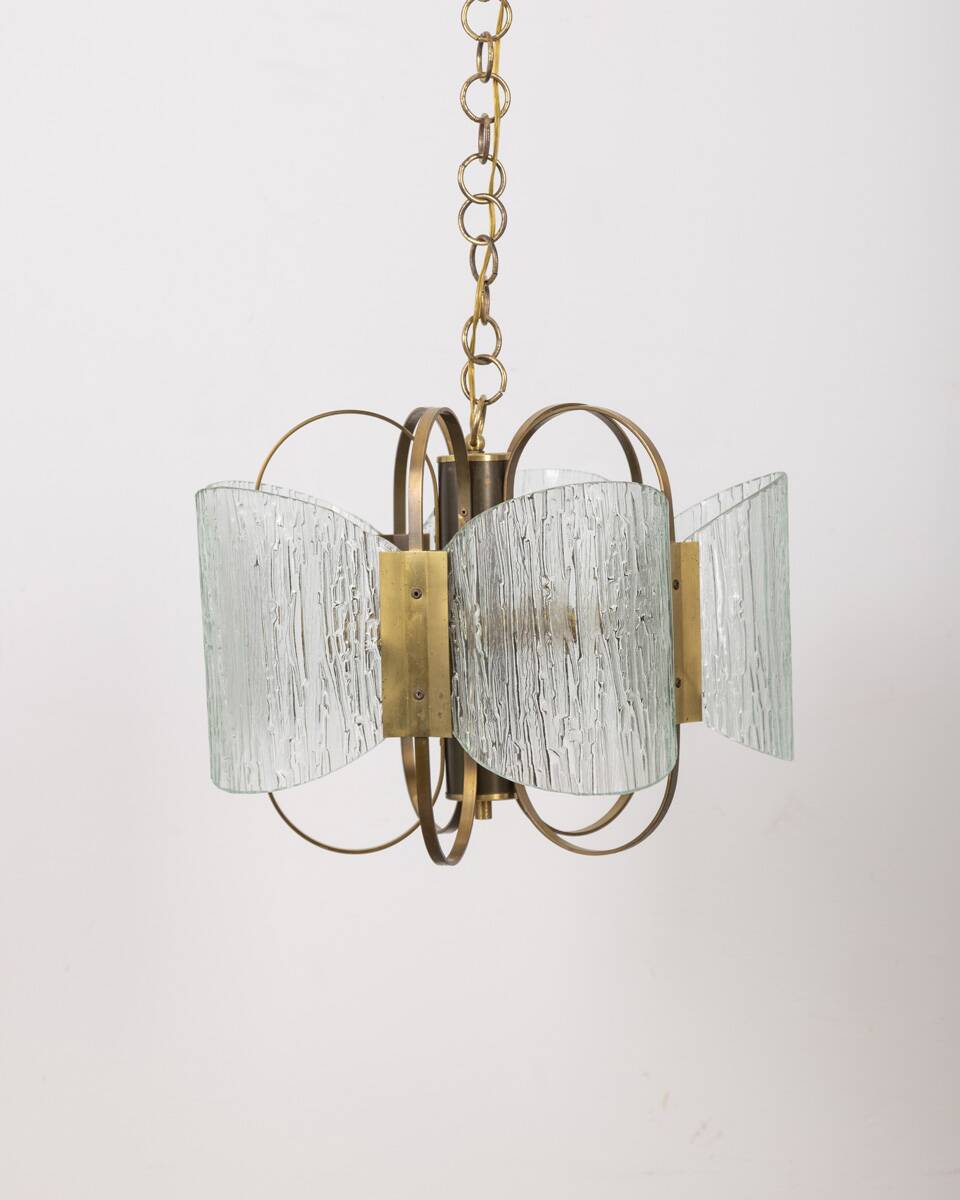 Vintage 60's chandelier in brass and worked glass italian design