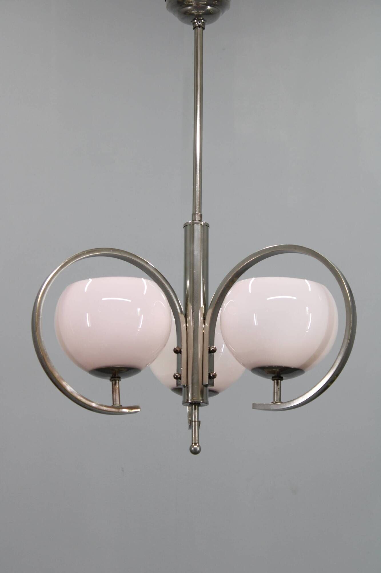 Art Deco nickel chandelier with light-pink opaline shades, Czechoslovakia, 1930s
