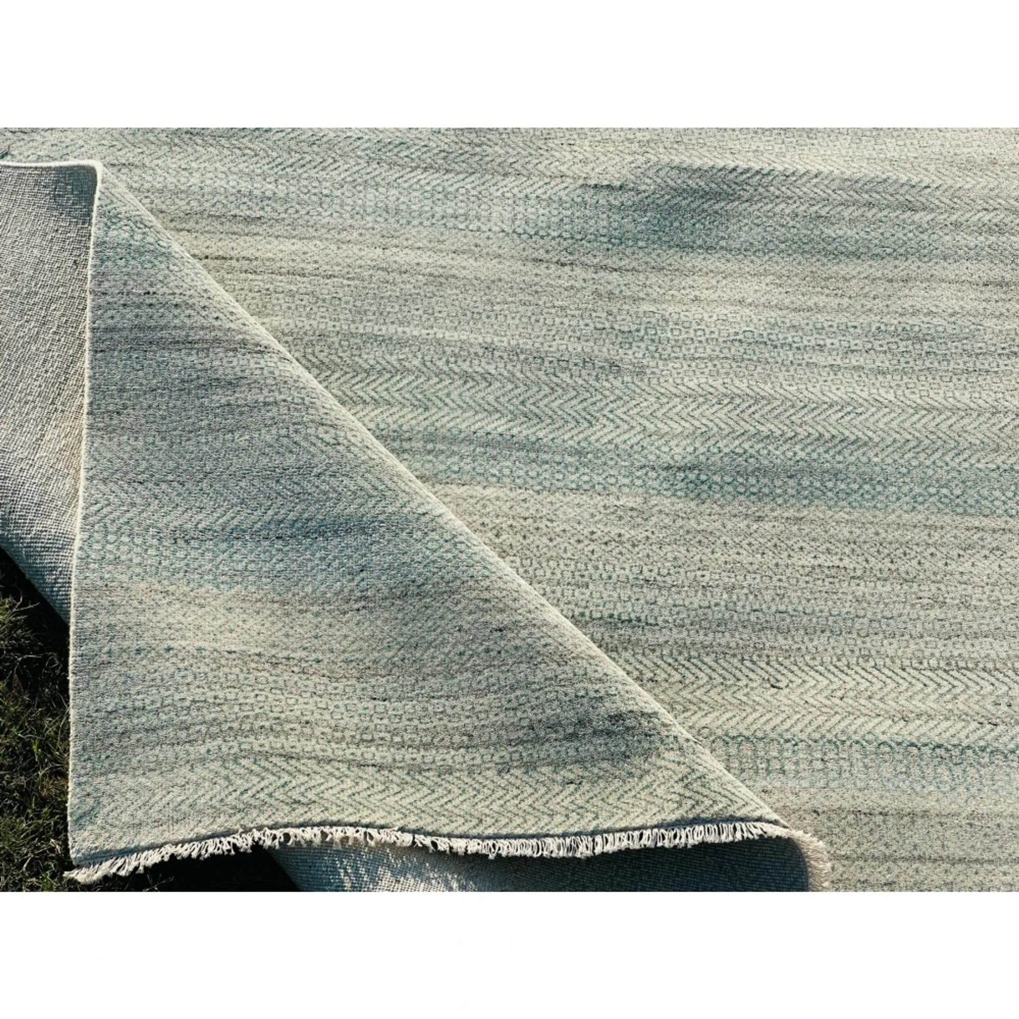 Minimalist Handmade Area Rug in Ivory. Hand-Knotted Wool and Bamboo Carpet