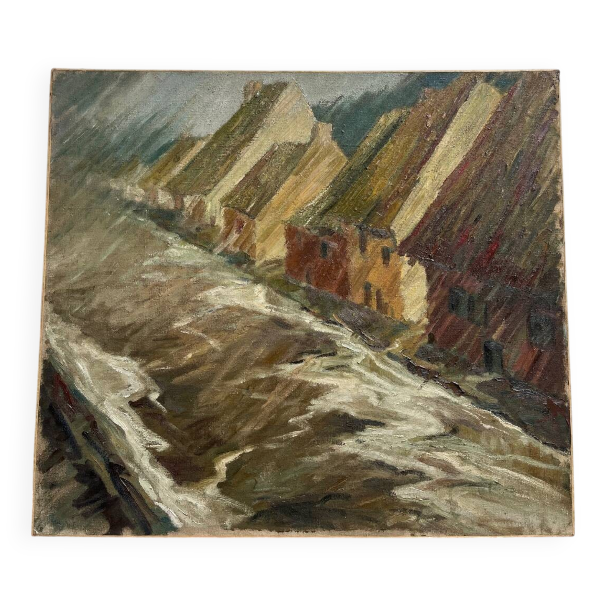 Painting "The Village under the Flood", oil on canvas