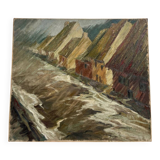 Painting "The Village under the Flood", oil on canvas