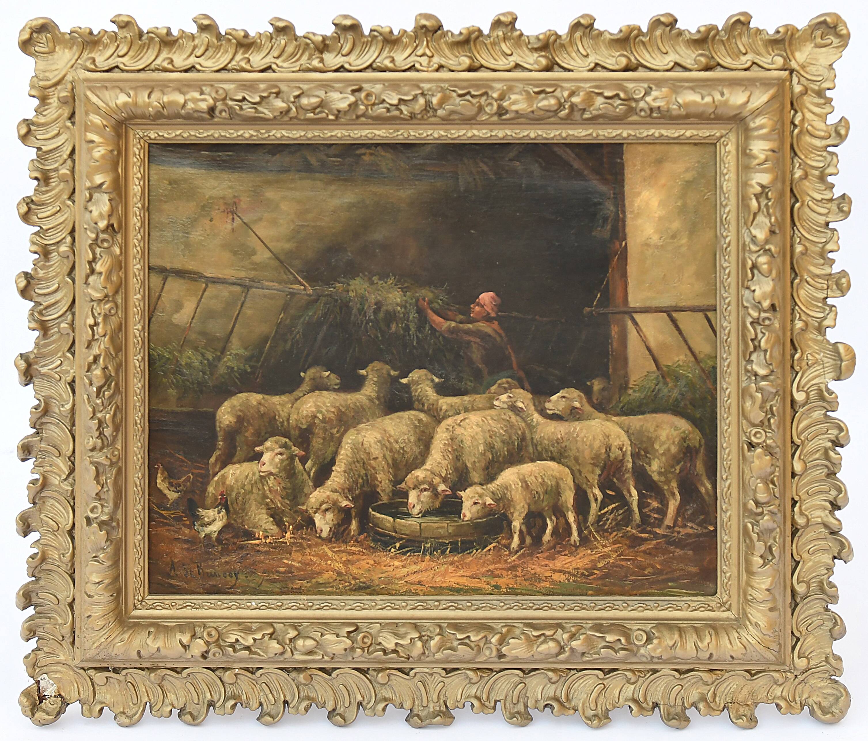 Huile sur toile Bergère et ses moutons