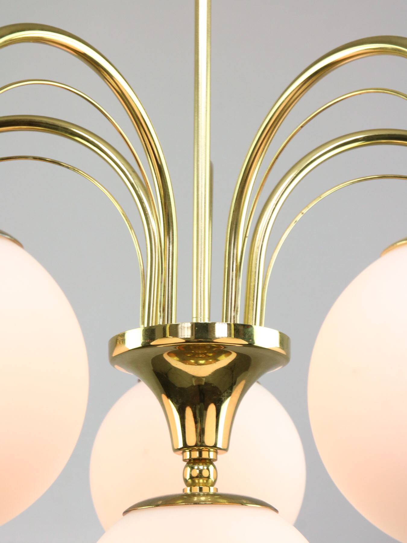 Vintage Golden & Opaline Glass 5-Arm Chandelier, 70s