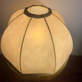 Solid wood floor lamp with 50s fabric and leather shade