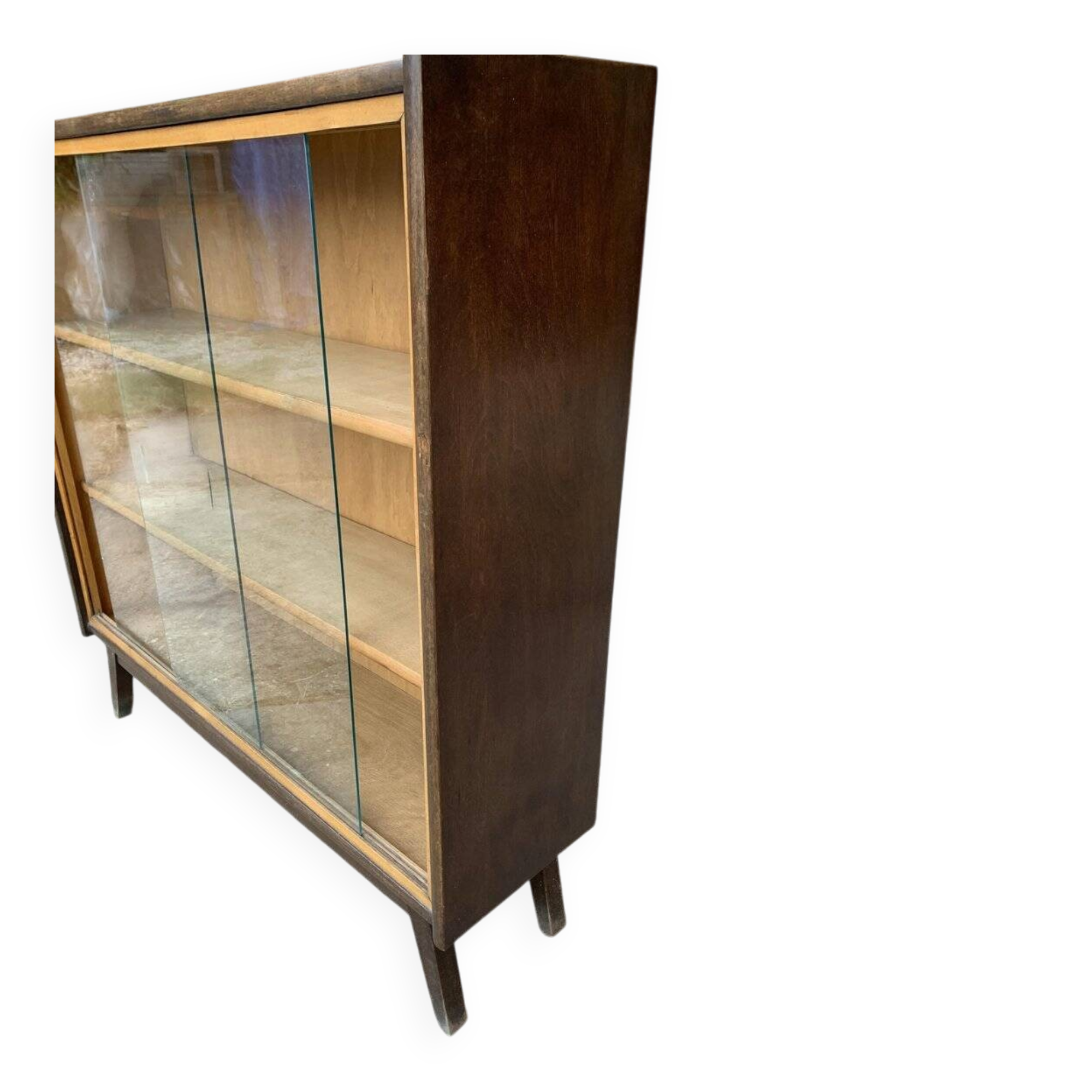 Mid-century brown wooden library (beech & pine) with glass doors from the 1960s.