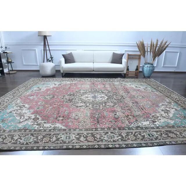 1970s Vintage Persian Handmade Wool Cotton Light Pink Area Rug 285x374