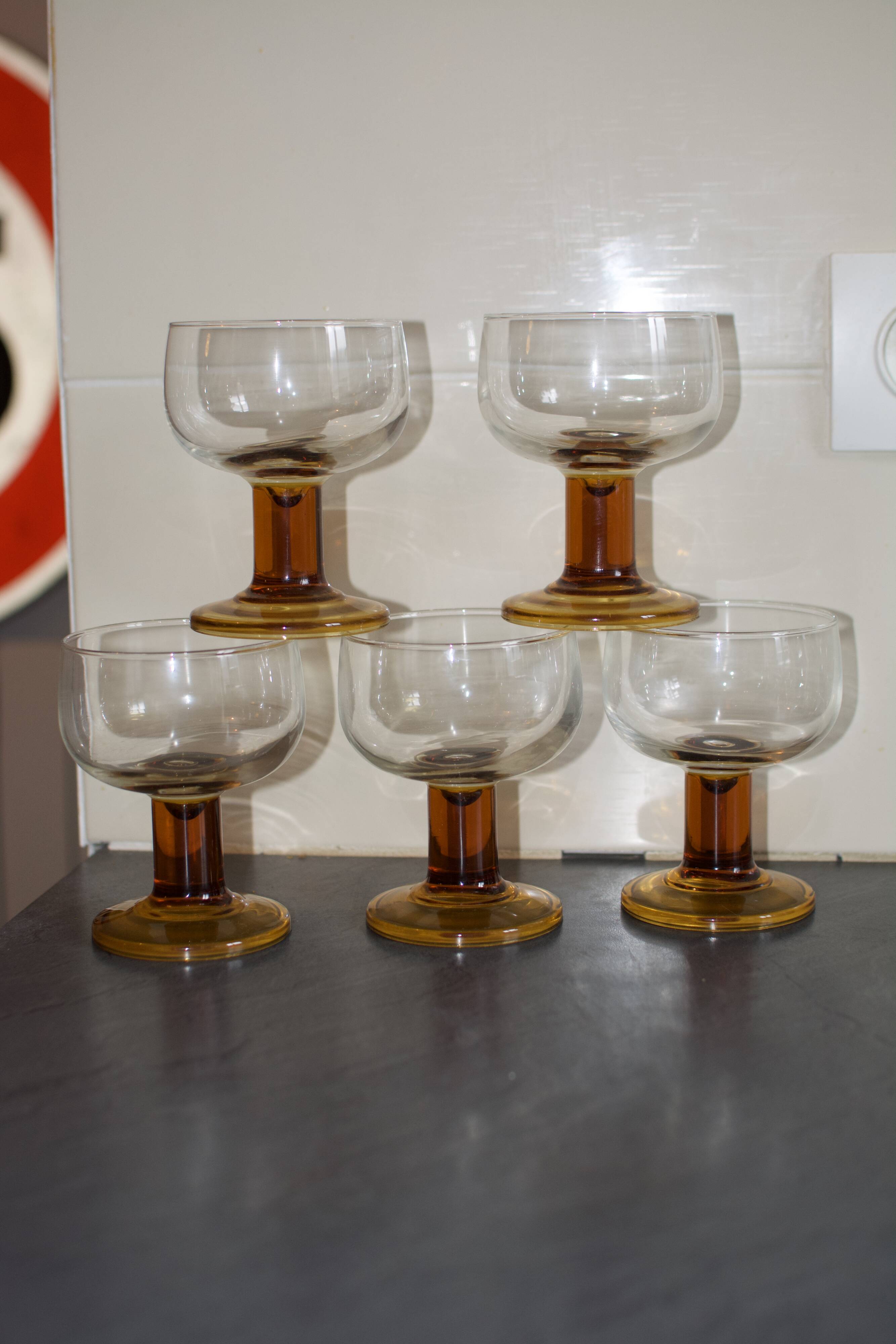 Vintage 70s glasses with amber block feet