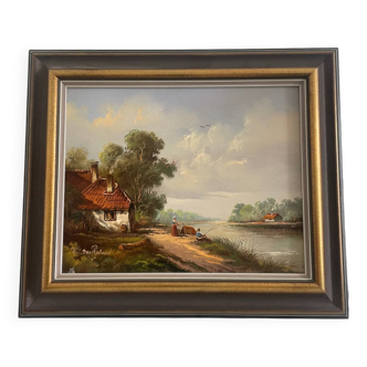 Tableau ancien signé W.E. van Rolland – Huile sur panneau – Scène rurale
