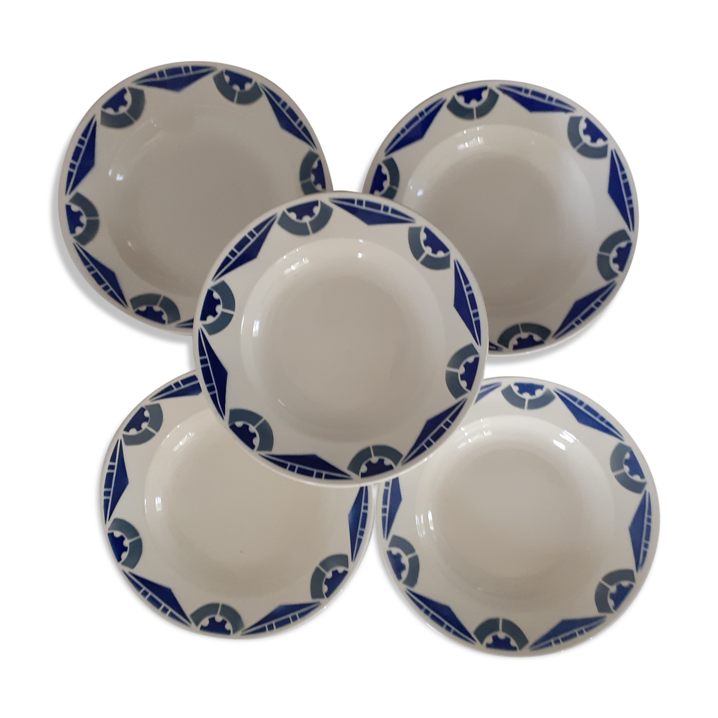 5 hollow plates badonviller blue and gray geometric decoration art deco faience old