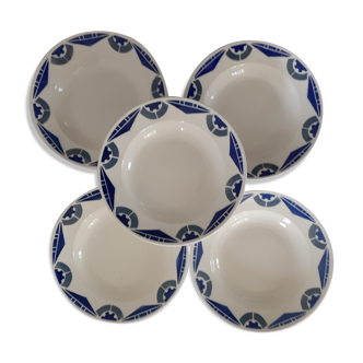 5 hollow plates badonviller blue and gray geometric decoration art deco faience old