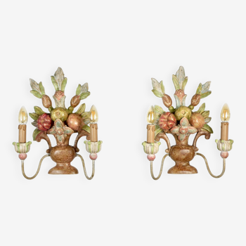 Pair of Italian hand-carved and hand-painted wooden sconces