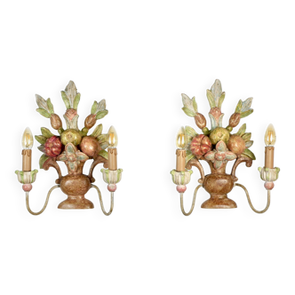 Pair of Italian hand-carved and hand-painted wooden sconces