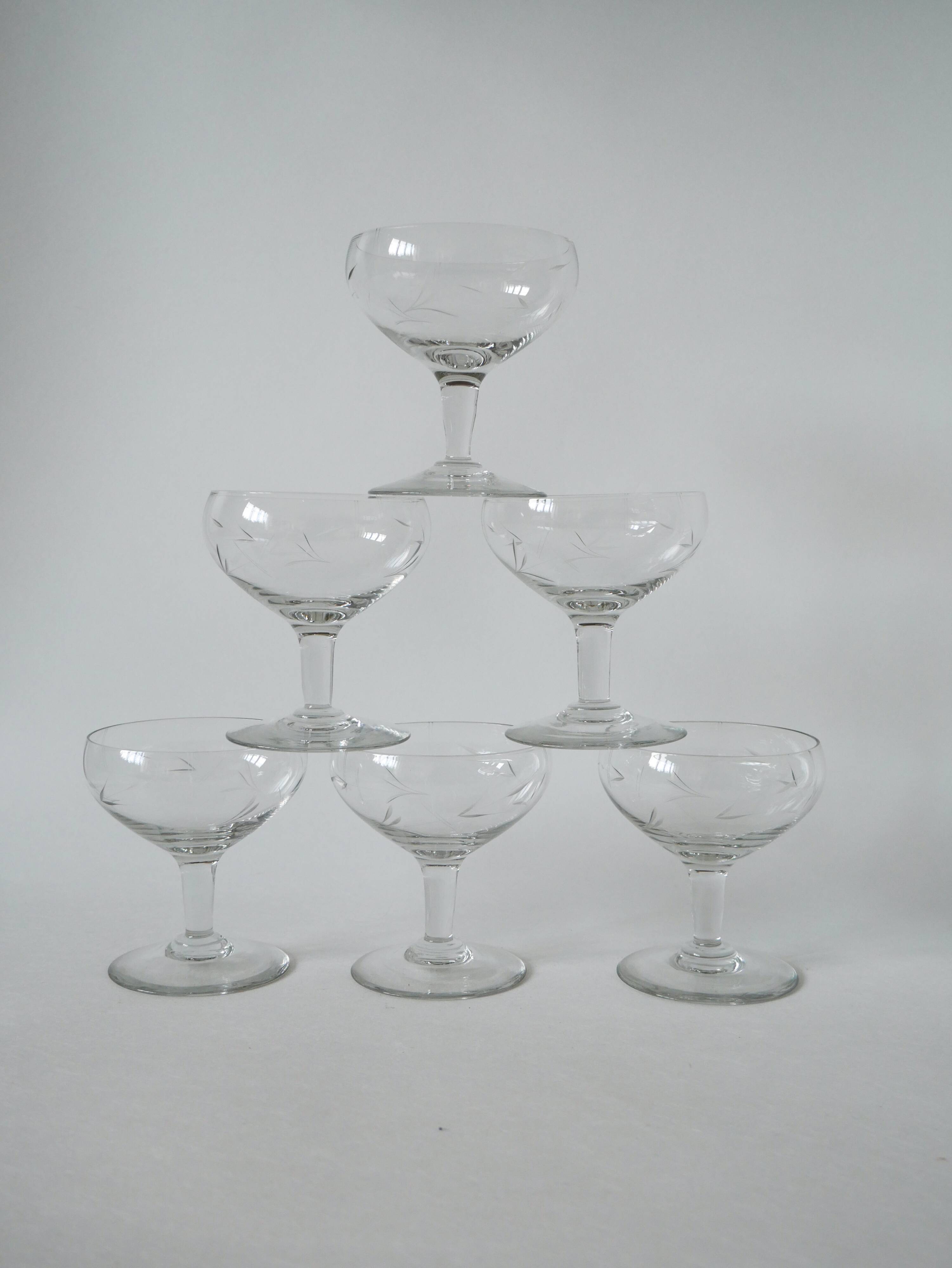 Set of 6 engraved crystal champagne glasses 1950