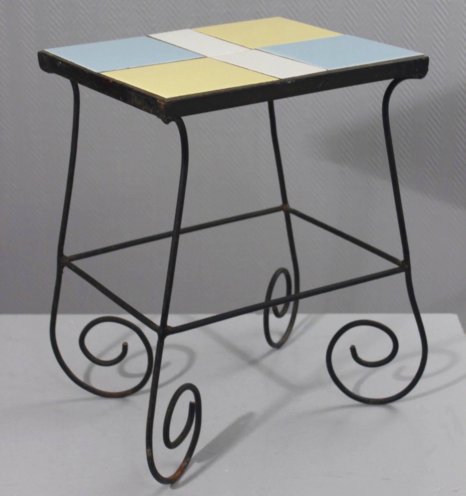 Vintage side table, wrought iron & ceramic tiles, 1950s design.