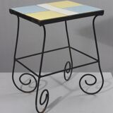 Vintage side table, wrought iron & ceramic tiles, 1950s design.