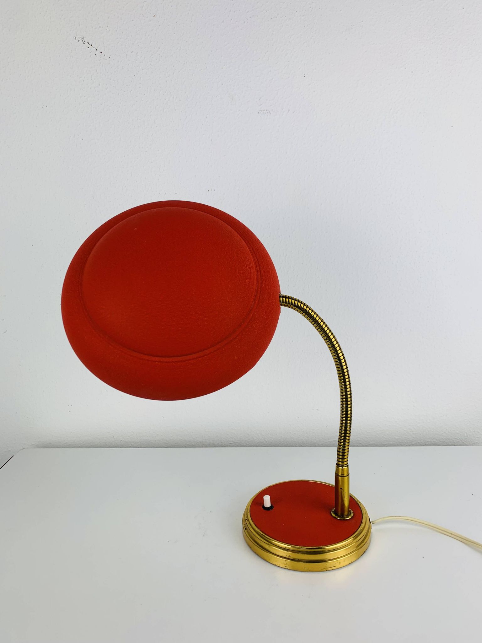 1950s desk lamp, red metal and brass