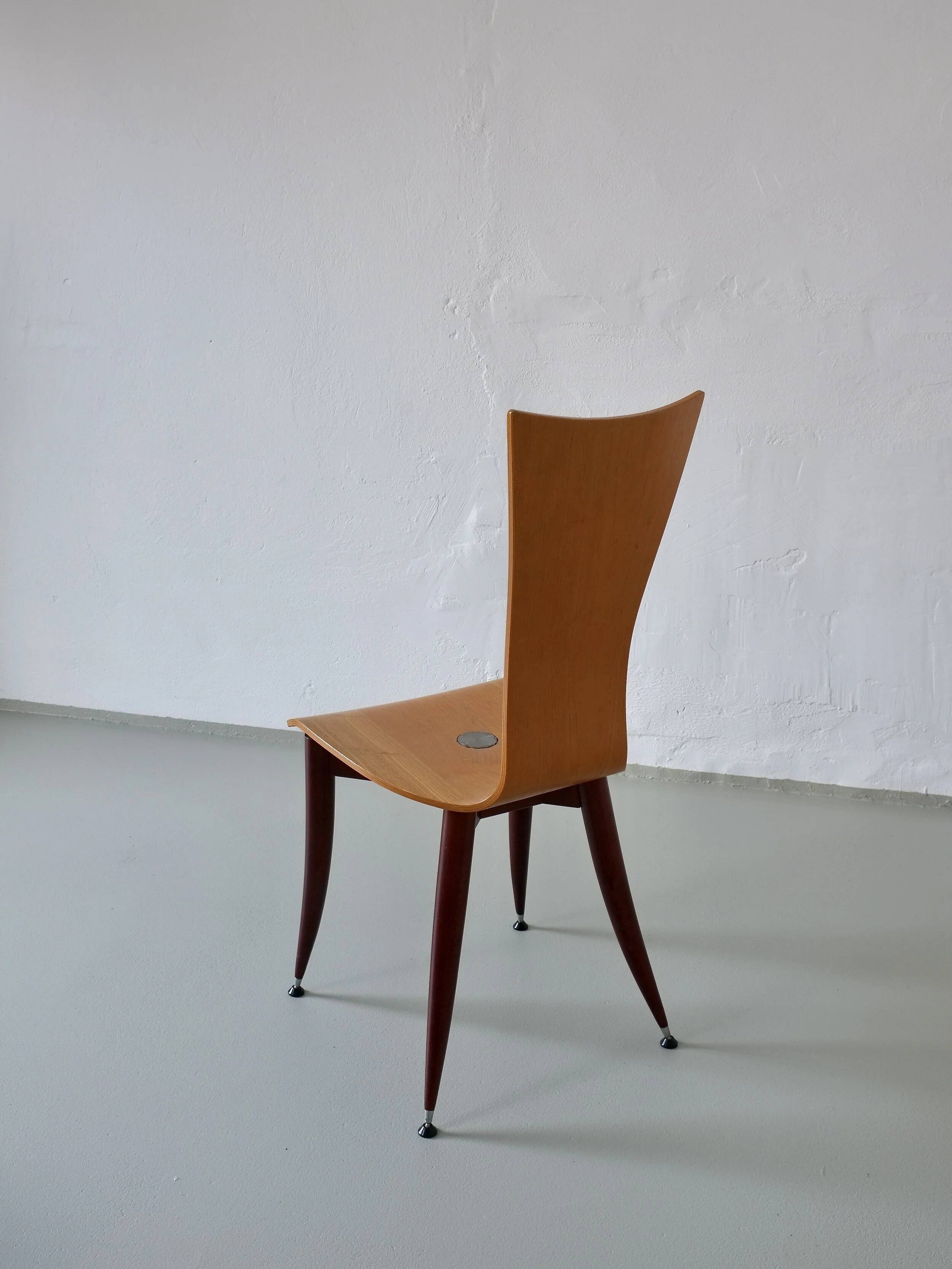 3 plywood chairs with burgundy legs | Italy | 1980s