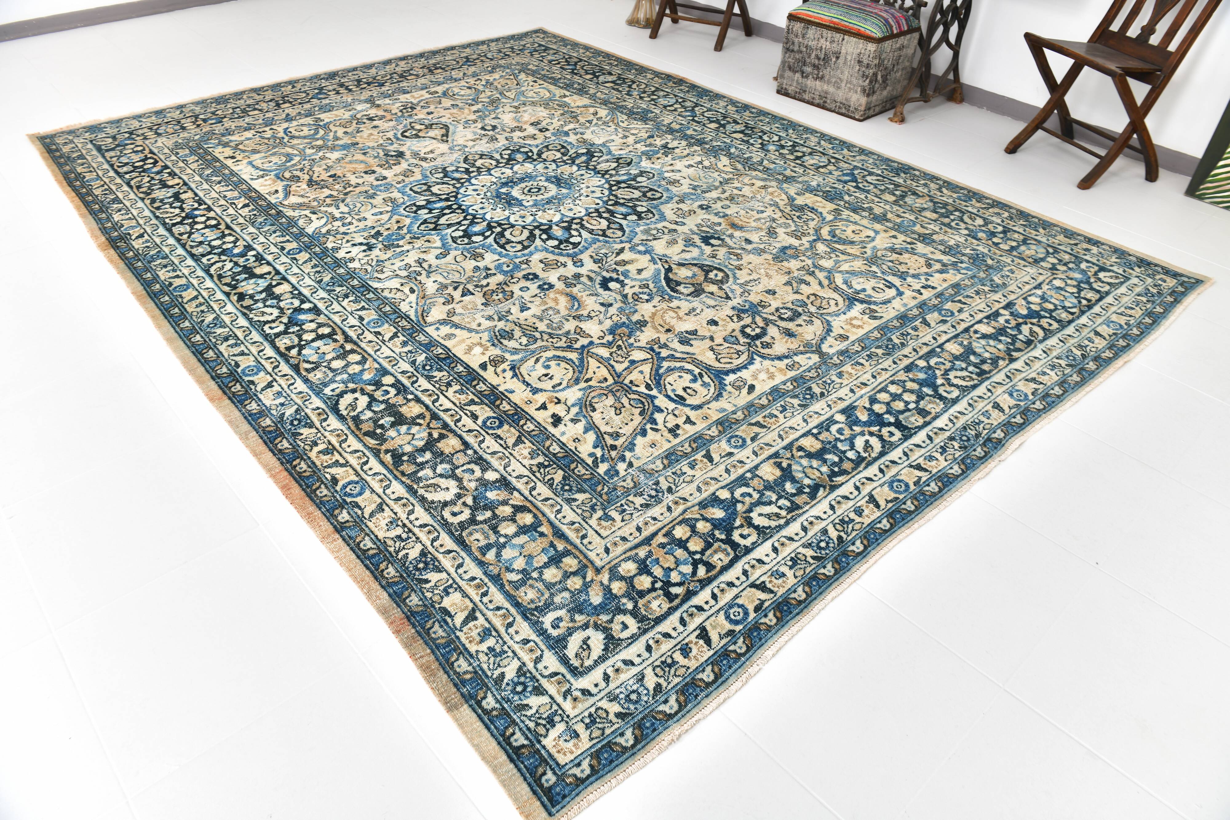 8x11 Rug For Living Room Navy Blue Antique Persian Rug, 260x343Cm