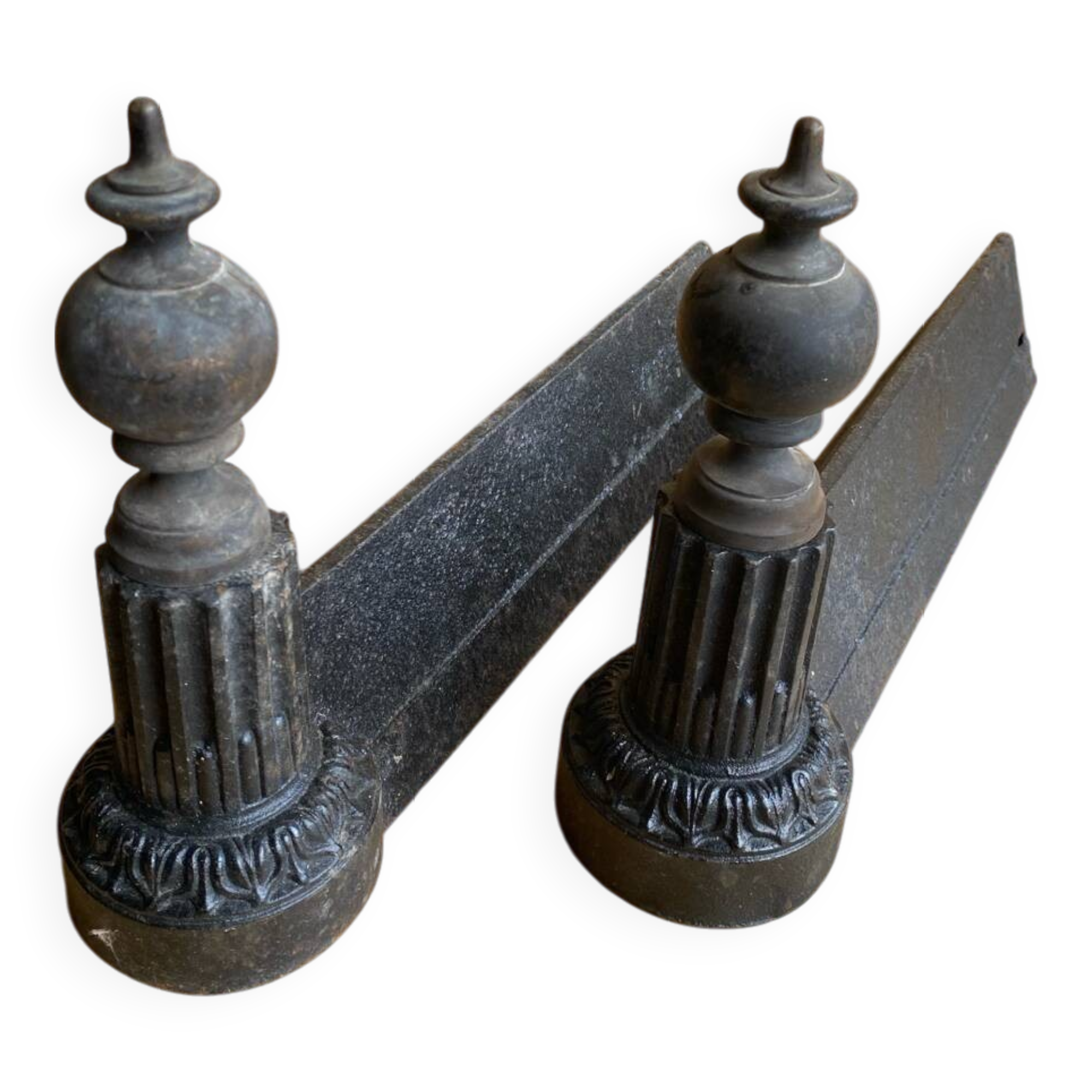 Pair of Napoleon 3 neoclassical cast iron fireplace andirons + brass ball