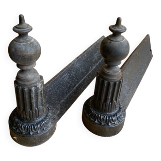 Pair of Napoleon 3 neoclassical cast iron fireplace andirons + brass ball