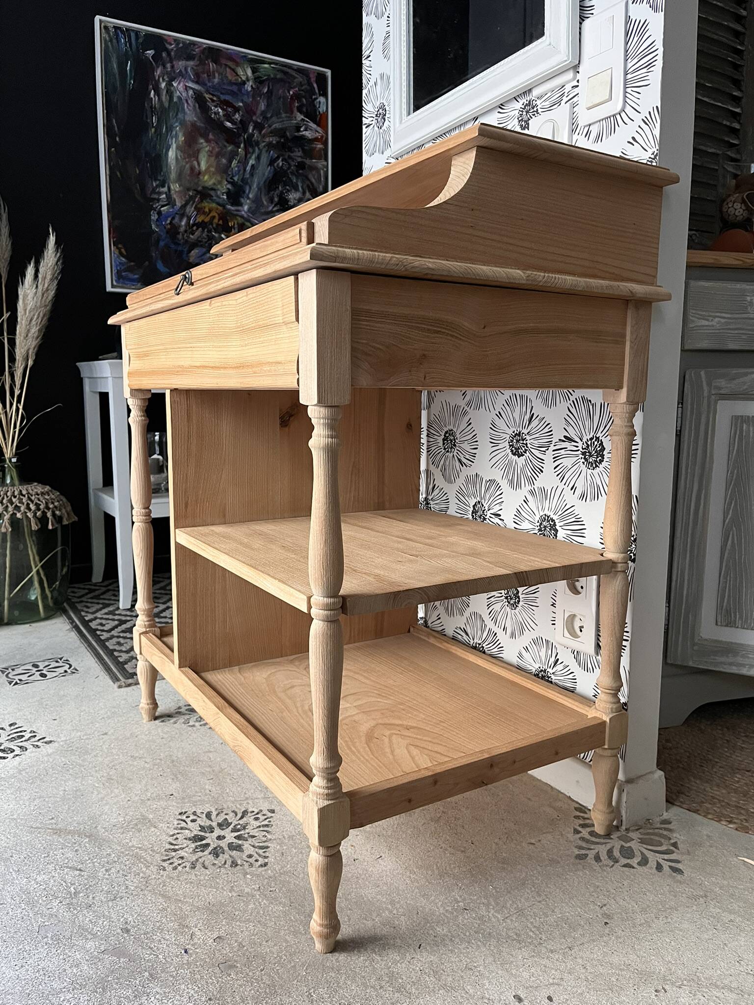 Bureau secrétaire console bois clair vintage Alphonse avec tiroir