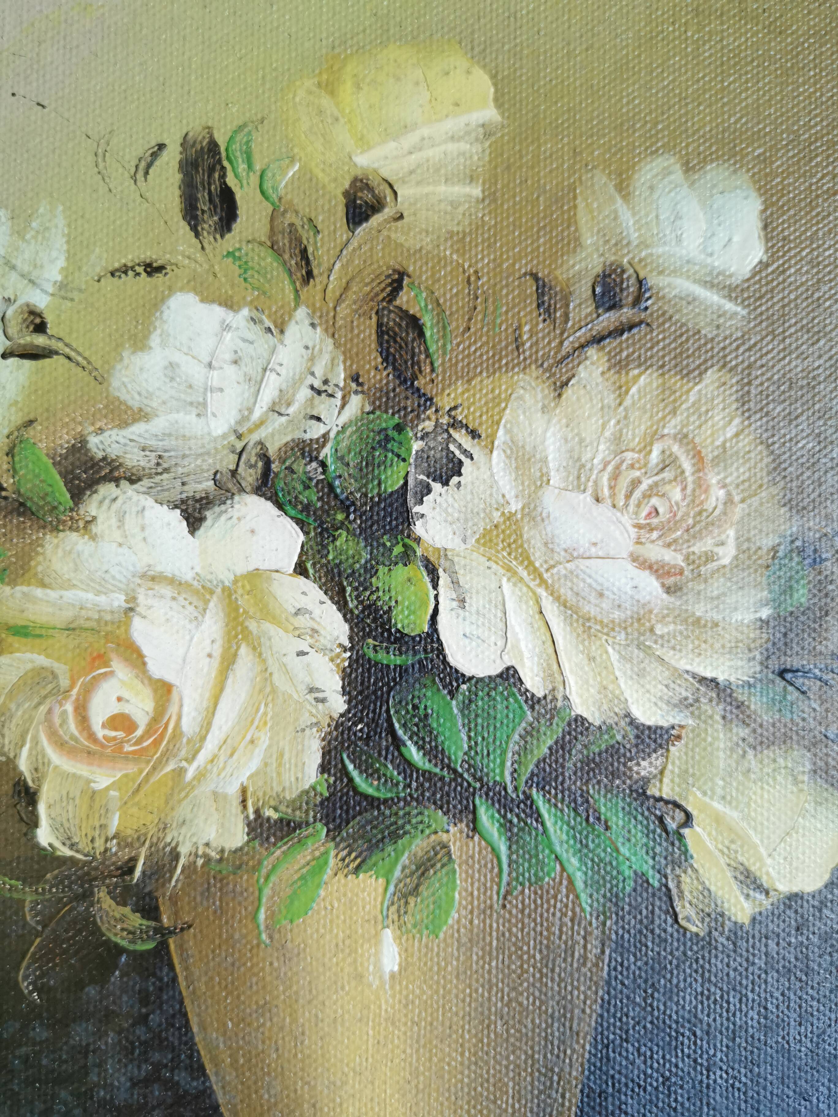 Bouquet de roses blanches huile sur toile ancienne