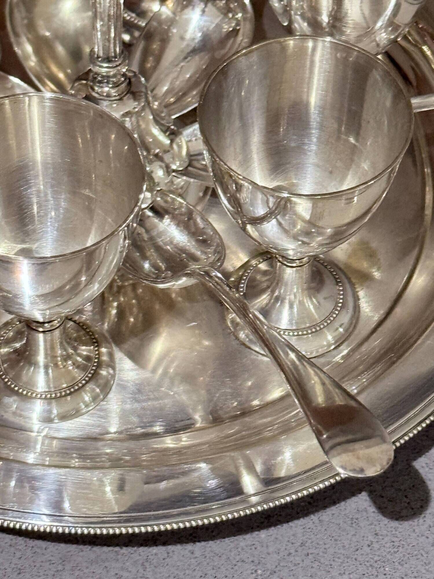 Antique Silver Egg Coddler Stand Holder Set Of 6 Egg Holder With 6 Silver Spoons