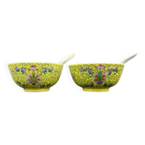 Pair of porcelain bowls and spoons "Famille Rose" China, early 20th century.