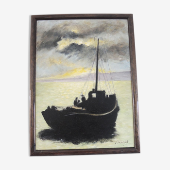 Huile sur bois encadrée et signée Henri Merlet, bateau de pêche au coucher de soleil