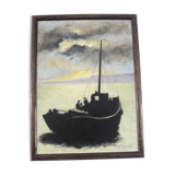 Oil on wood framed and signed Henri Merlet, fishing boat at sunset