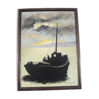 Oil on wood framed and signed Henri Merlet, fishing boat at sunset