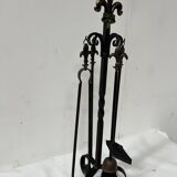 20th century wrought iron and bronze fireplace set