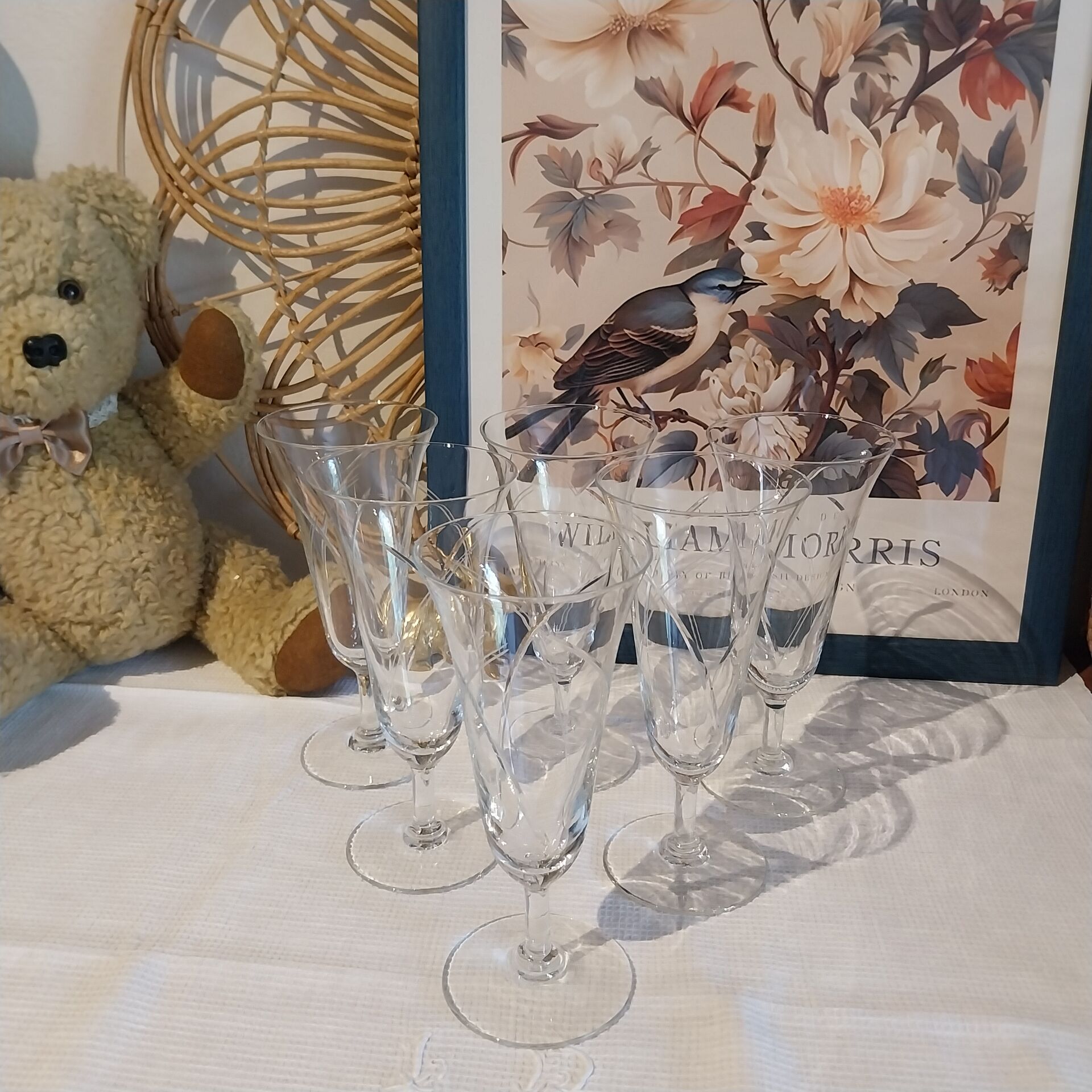 Old engraved crystal champagne flutes