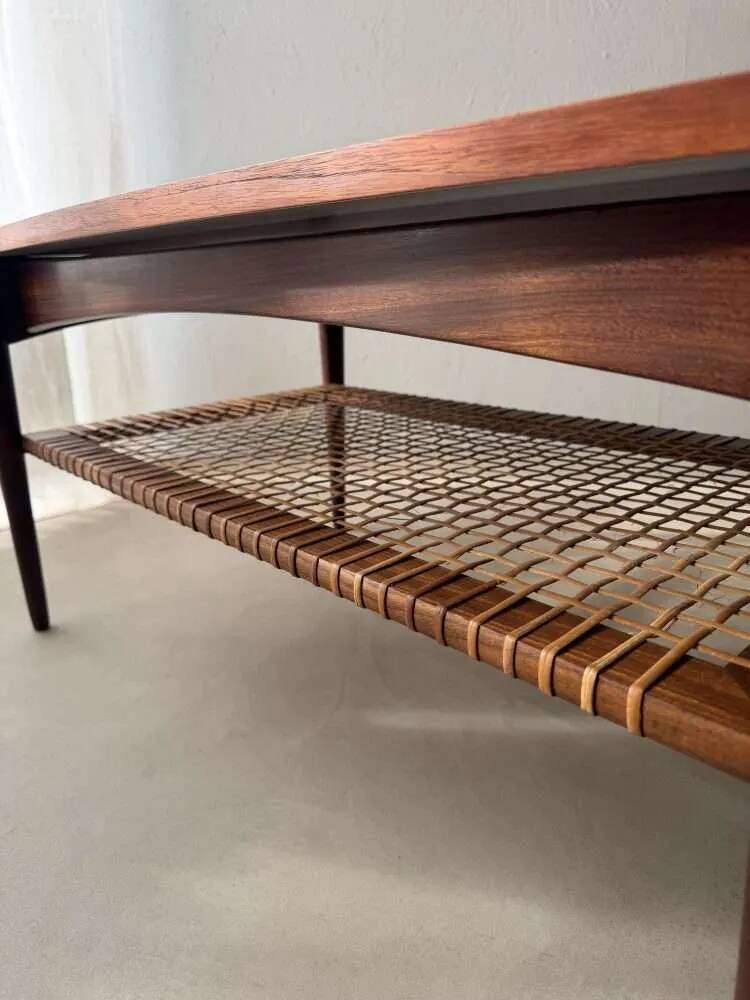Vintage Creafort coffee table 1960s teak with rattan magazine shelf