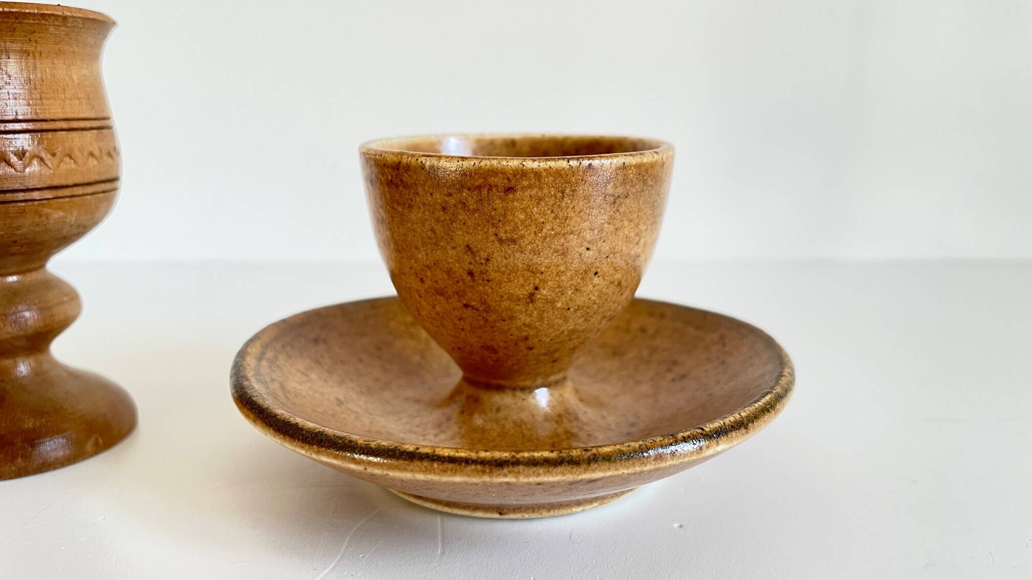 Vintage ceramic and wood egg cups