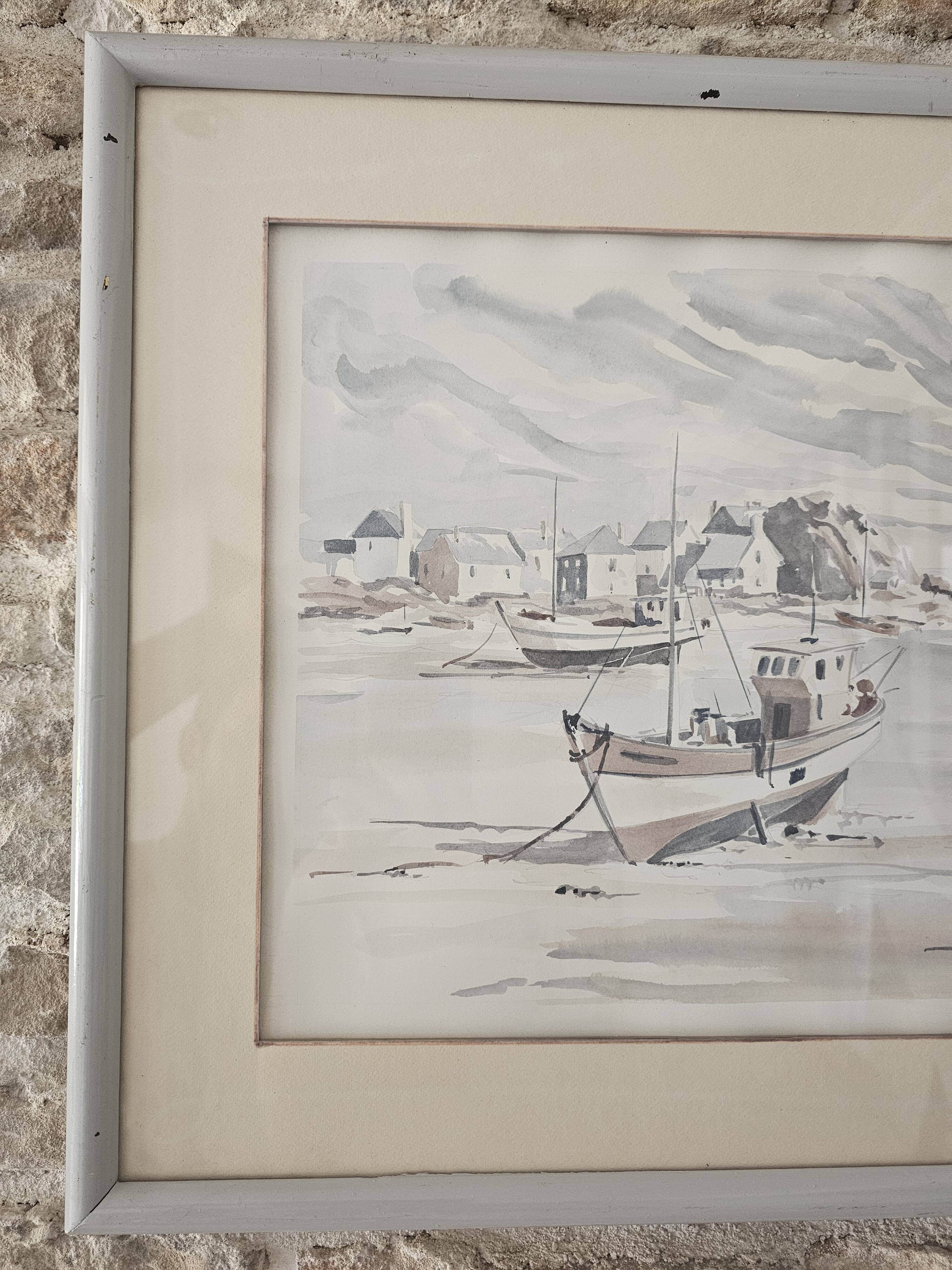 Tableau - Watercolour Landscape Brittany - Marine Boat - Signed Jen Pierre SER