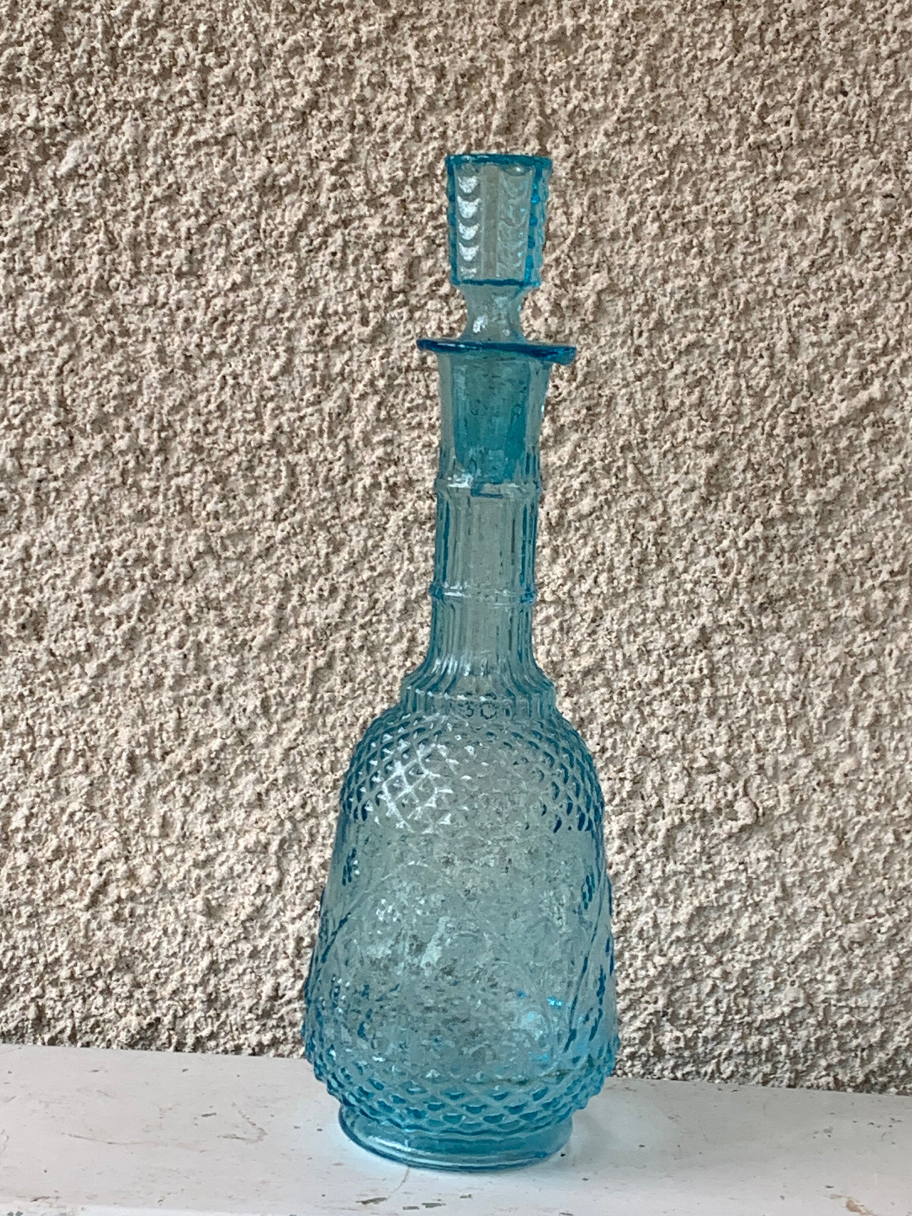 Carafe and 5 old blue glass liqueur glasses