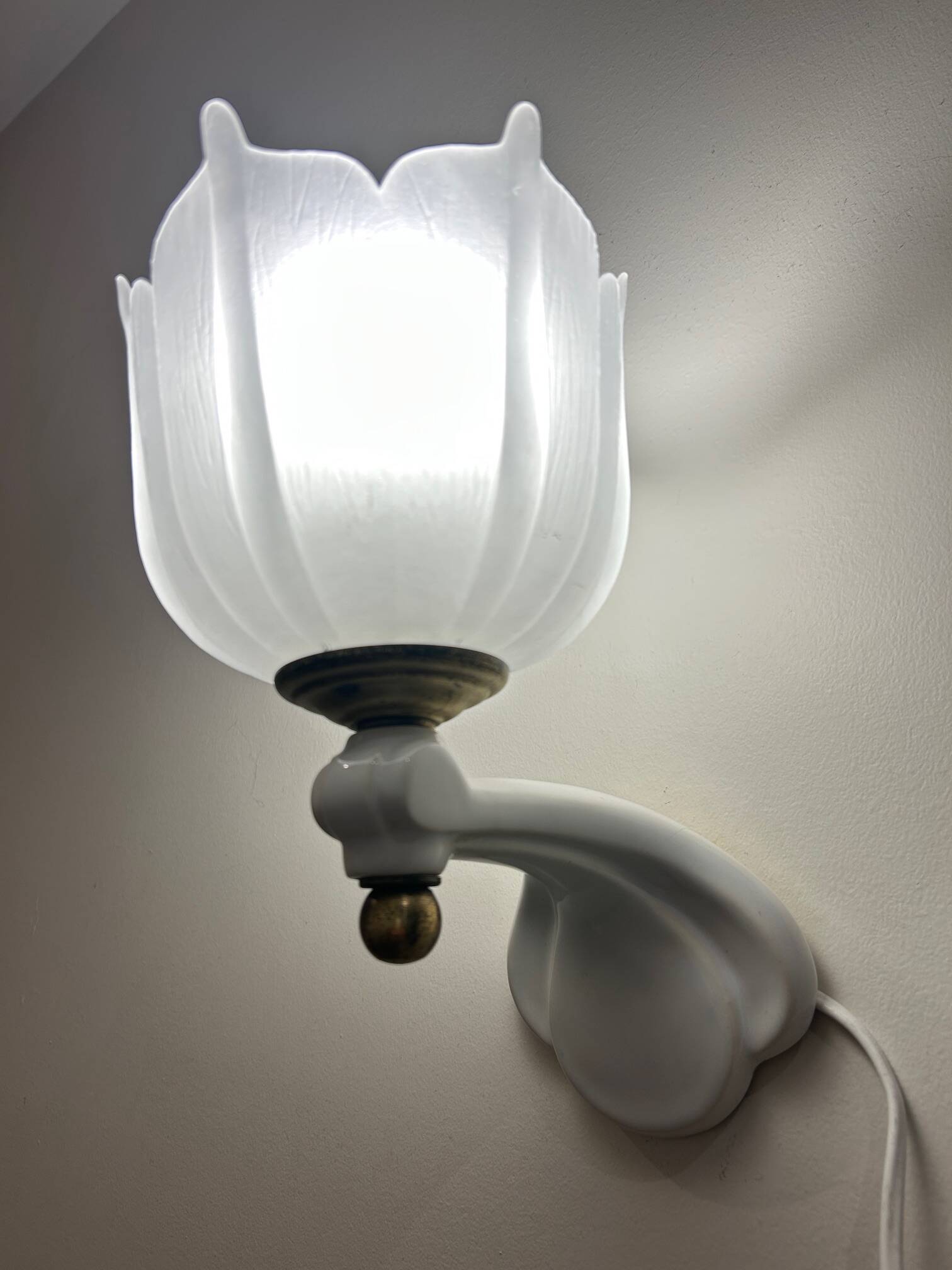 pair of ceramic and frosted glass wall lights 1950